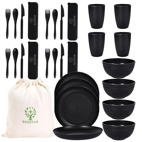 ECOSTAR Wheat Straw Dinnerware Sets Unbreakable Plates Bowls and Cups Reusable Utensils Dishwasher Microwave Safe Bowls and Plates Sets (Black) - color: Black