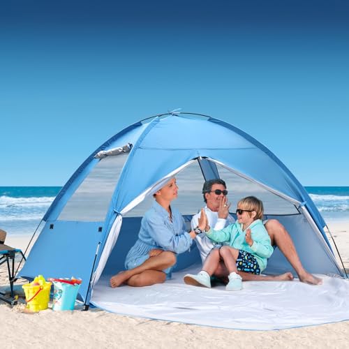 COVACURE 2026 New Upgraded Beach Tent Sun Shelter for 3-4 Person - UPF 50+ UV Protection Beach Shade, Waterproof & Lightweight, Easy Setup Portable Sun Canopy for Camping, Fishing, Beach(Blue) - color: Blue
