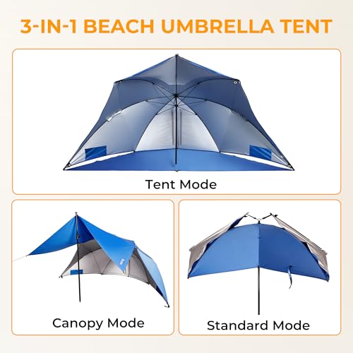 HOMEDEMO Beach Umbrella Tent (9.5ft, Blue) with Fan Canopy, 3-in-1 Umbrella Shade for Beach, Picnic, Bleacher, Sports Games - style: Blue
