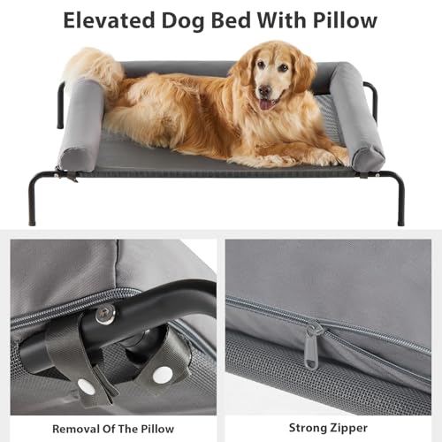 RRPETHOME Large Elevated Cooling Dog Bed, Raised Pet Cot Beds for Large Dogs, Elevated Outdoor Dog Bed, Chew Proof Portable Cooling Pet Cot with Skid-Resistant Feet and Breathable Mesh - color: Grey, size: 36.0"L x 26.0"W x 8.0"Th