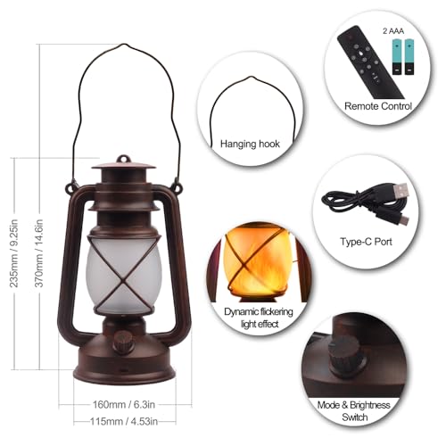 Lantern LED Battery Powered Camping Lamp Outdoor Hanging Rechargeable Lantern Flickering Flame Retro Lanterns Remote Control 4 Modes Light Non-Solar 2 Pack