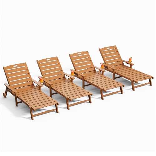 Outdoor Lounge Chair Set of 4 with 5-Position Adjustable, Outside Lounge Chair with Cup Holder, Wheels for Easy Mobility, HDPE Tanning Chair for Poolside, Patio, Brown - color: Brown, size: 4pc