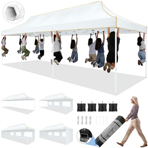 HOTEEL 10x30 Pop up Canopy Tent for Parties, Heavy Duty Easy Setup Tent with 5 Sidewalls, Outdoor Commercial Instant Gazebo for Wedding Event, with Roller Bag & Sand Bags, White(Hexagonal Frame) - color: White, size: 10x30FT (+5 Walls)