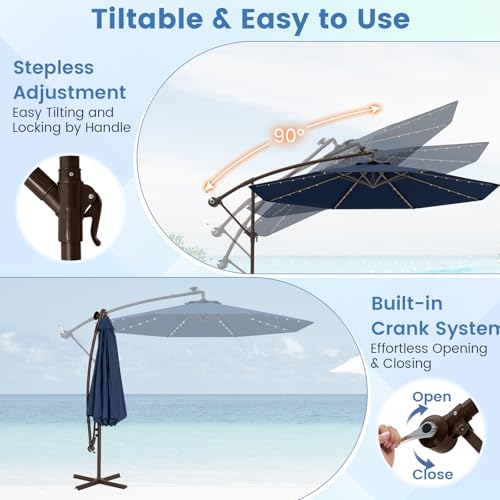 Tangkula 10FT Offset Patio Umbrella with Base Included, Outdoor Cantilever Umbrella with 40 Solar LED Lights, Tilt Adjustment, Crank Handle, Vented Top, Sand Bags for Pool Yard Deck (Navy) - color: Navy