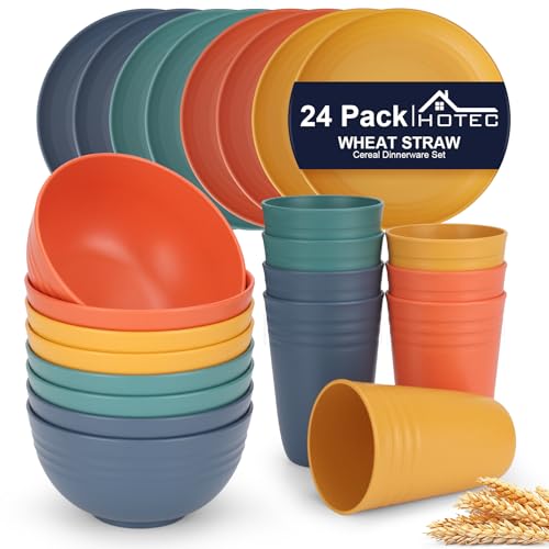HOTEC 24-Pack Unbreakable Kitchen Plastic Wheat Straw Dinnerware Set – BPA-Free Plates, Bowls & Cups | Lightweight, Microwave & Dishwasher Safe | Multicolor Reusable Tableware for Home & Outdoor Use