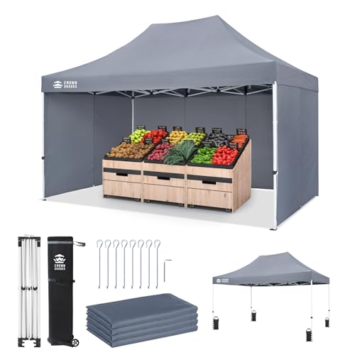 CROWN SHADES 10x15 Pop Up Canopy Tent, Thicken Frame Commercial Heavy Duty Tent with 4 Sidewalls 8 Stakes & 4 Sandbags & 4 Ropes, Outdoor Canopies for Events, Parties,Grey - color: Gray, size: 10x15 Heavy Duty