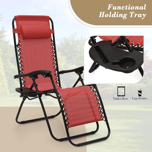 Athena Collection Zero Gravity Outdoor Lounge Chair Set of 2 with Side Table, 25" Width Pool Lounge Lawn Chairs Reclining with Cup Holder, Outdoor Chaise for Beach Patio Backyard Outside, Dark Red - color: Dark Red, style: 25" Width