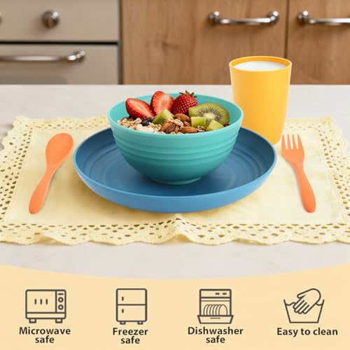 Wheat Straw Dinnerware Sets, 20 PCS Service for 4, Dishwasher & Microwave Safe Kids Plates and Bowls Sets, Unbreakable Lightweight Outdoor Camping Dishes - Multicolor - color: Multicolor, size: 20 PCS