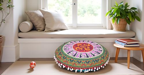 CRAFT KALA 22" Bohemian Floor Pillow Pouf Cover Mandala Boho Large Round Meditation Room Pillow Covers for Adults Seating Poufs Cushion Cover for Kids Playroom Multi 6 Color