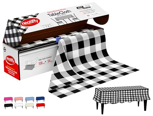 Neatiffy Disposable Plastic Table Cloth Roll | 54 in x 108 Ft Waterproof Tablecloth | Table Cover for Rectangle, Square, Round Oval Tables | Picnic, Party, Banquet, Birthdays, Weddings, BlackCheckered - color: Black Checkered