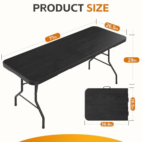 6 Ft Plastic Folding Table,Heavy Duty Portable Table for Indoor & Outdoor,Wood Grain Desktop & 350lbs Weight Capacity,Premium Solutions for Camping,Picnic,BBQ and Party - size: 6ft-black