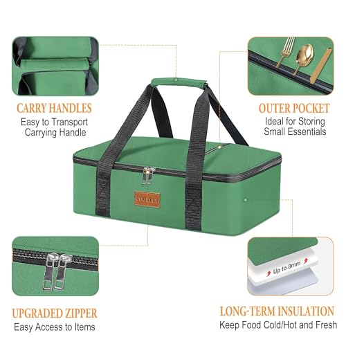 Insulated Casserole Carrier - Insulated Thermal Carry Bag for Hot or Cold Food, 9"X13" Casserole/Baking Dish Carrier for Travel/Party, Durable Nylon, Green, Single Layer with Zip Pockets - color: Green - 1