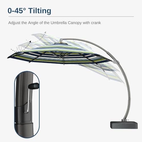 Acrylic Fabric 11FT Cantilever Umbrella with Base Large Curvy Outdoor Aluminum Offset Umbrella w/ 360° Rotation, UV Resistant Canopy for Patio, Garden, Backyard, Green Stripes - color: Green Stripes-Acrylic Fabric, size: 11FT