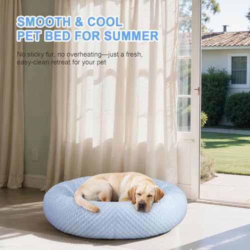 Donut Dog Bed for Large Dogs - Cooling Pet Bed with Removable Cover, Breathable Ice Fabric Summer Pet Beds for Medium & Big Dogs, Egg Tart Design (L) - color: Blue Donut, size: Large