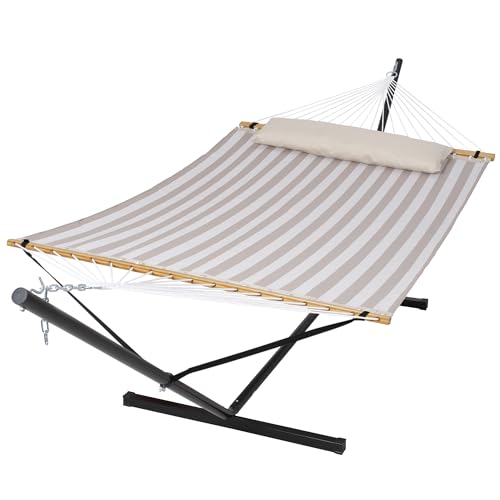 SUNCREAT Double Hammock with Stand Included, Outdoor Portable Hammock with Stand, Light Gray Stripes - color: Light Gray, size: 78.7 x 55.1 in, Hammock with 144 in Stand