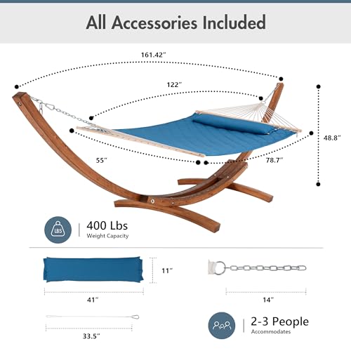 ANOW 13.5FT Curved Wood Stand with Double Hammock, Heavy Duty Larch Wood Arc Stand with 2 Chains, 4 Balance Ropes and 4 Carabiners, Includes Blue Hammock with Spreader Bars - color: Blue-quilted