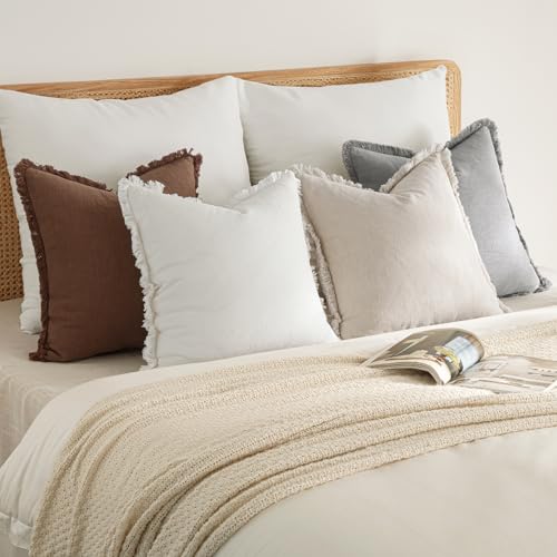 MIULEE Decorative Couch Pillow Covers Neutral Linen Fringe Throw Pillows Set of 4 Modern Cushions Boho Farmhouse Pillowcases for Bed Sofa Living Room Spring Home Decor 18x18 Inch Beige/Brown/Grey - color: Neutral, size: 18" x 18" (Pack of 4)