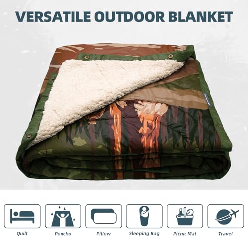 Outdoor Camping Blanket with Sherpa Lining, Extra Warm Thick Camp Blankets and Puffy Ultralight Soft Poncho DWR Camping Quilt for Cold Weather, Adventure, Sleeping, Backpacking 78"x 56" - color: Olive Green, size: 78 x 56 inches