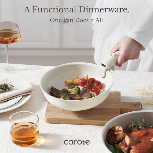 CAROTE 19pcs Pots and Pans Set, Nonstick Cookware Set Detachable Handle, Induction Kitchen Cookware Sets Non Stick with Removable Handle, RV Cookware Set, Oven Safe - color: Cream White with glass lid