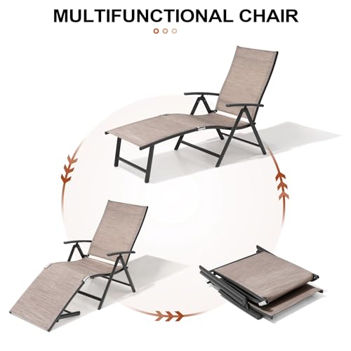 Crestlive Products 2PCS Chaise Lounge Chair Outdoor with 1PC Side Table, Aluminum Folding Patio Recliner Chair, Adjustable 8 Positions Assemble-Free - color: Espresso, size: 3 Pcs