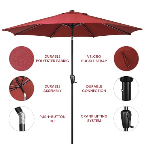 Sun-Ray 9' Round Patio Umbrella with Push-Button Tilt and Hand Crank Lift System, Market Umbrella for Porch, Deck, and Patio - color: Burgundy