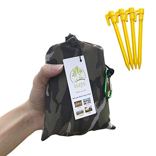 Pocket Blanket 71"x55", Lightweight Compact Sandproof Waterproof Outdoor Blanket for Beach, Hiking, Camping, Travel, Festivals, Picnic with Pockets, Loops, Stakes, Carabiner - color: White Green Camouflage