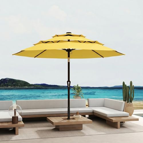 10FT Patio Umbrella 3 Tiers Outdoor Market Umbrella w/Push Button Tilt, Crank, UV and Waterproof Table Umbrella for Garden, Pool, Backyard, Deck, Lawn, Sunshine Yellow - color: Sunshine Yellow