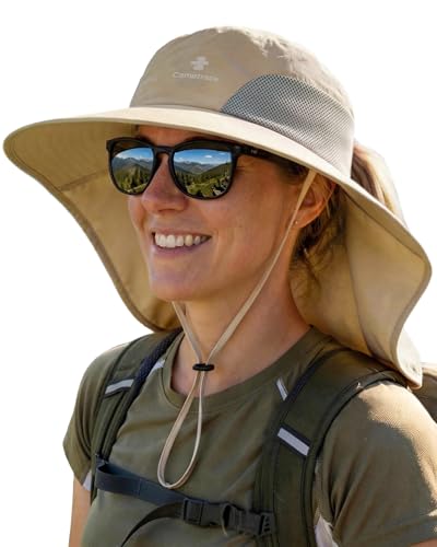 Camptrace Sun Hats for Women Men UPF 50+ UV Protection Wide Brim Hiking Fishing Hat with Neck Flap - color: Khaki