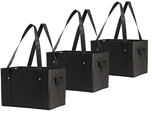 Earthwise Deluxe Collapsible Reusable Shopping Box Grocery Bag Set with Reinforced Bottom Storage Boxes Bins Cubes (Set of 3) (Black) - color: Black