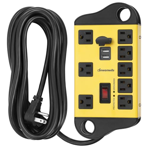 DEWENWILS 8-Outlet Metal Power Strip Surge Protector with 2 USB Ports, UL Listed, 15 Ft Flat Plug Extension Cord, Heavy Duty Industrial Power Strip,15A Circuit Breaker, 1440Joules, Wall Mount - size: 15 Ft
