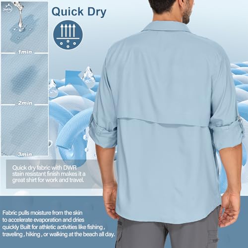 Mens Safari Shirts Long Sleeve UV Protection Hiking Fishing UPF 50+ Quick Dry Camping Travel Shirts - color: Blue, size: X-Large