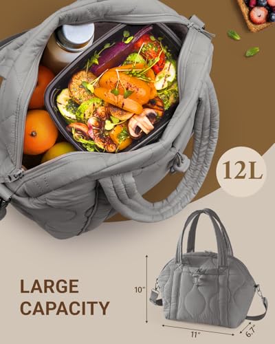WONDAY Insulated Lunch Bags for Women, 12L Puffy Lunch Tote with Shoulder Strap, Waterproof, Leakproof, Reusable, Keeps Food Fresh, Perfect for Work, Travel, Picnic - color: Gray
