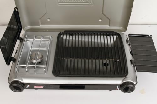 Coleman Tabletop 2-in-1 Grill & Stove with 2 Adjustable Burners, Propane Grill/Stove with Push-Button Starter, Wind Guards, Grease Tray, & 20,000 BTUs of Power for Camping, Tailgating, & More - color: Silver, style: PFAS-Free