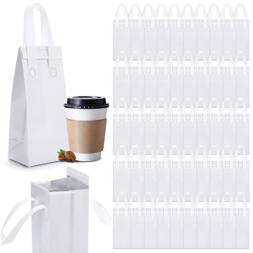 50 Pcs White Insulated Single Cup Drink Carrier Bags Bulk Thermal Insulation Take Away Bags Portable Takeout Coffee Carrier Reusable Carriers with Handle for Hot Cold Beverage - color: White