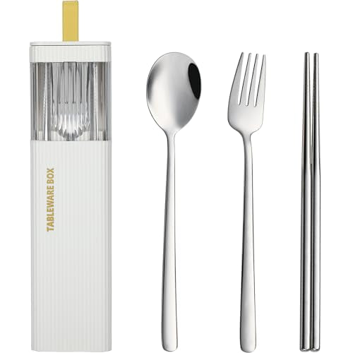 DEVICO Travel Utensils with Case, Stainless Steel Reusable Camping Silverware Set for Lunch Box, Portable Cutlery Kit Includes Fork, Spoon, Chopsticks (White) - color: White