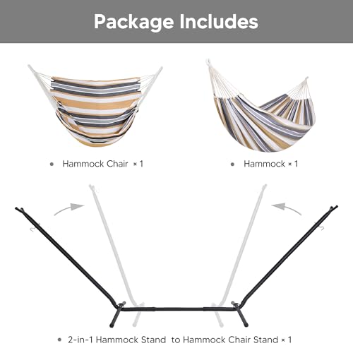 SUNCREAT 2-in-1 Convertible Backyard Fabric Hammock with Stand, Large Hammocks for Outside, Coffee & White - color: A-coffee & White
