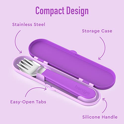 Bentgo Kids Stainless Steel Utensil Set - Reusable Fork, Spoon & Storage Case, PFAS- & BPA-Free, Easy-Grip Handles, Lightweight, Dishwasher Safe, School Lunch, Travel & Outdoors (Purple) - color: Purple