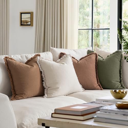 MIULEE Decorative Couch Pillow Covers Neutral Linen Fringe Throw Pillows Set of 4 Soft Rustic Cushions Boho Farmhouse Pillowcases for Bed Sofa Living Room Spring Decor 18x18 Inch Beige/Brown/Green - color: Brown Green, size: 18" x 18" (Pack of 4)