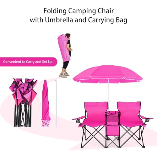 Goplus Double Camping Chair with Umbrella, Folding Loveseat Chairs w/Canopy Shade, Carrying Bag, Table, Cup Holder, Portable Beach Chairs Outdoor Picnic Patio (Pink) - color: Pink