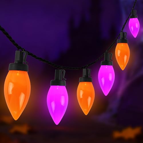 C9 Halloween String Lights Outdoor, 26.4Ft C9 Halloween Decorations with 50 LED Orange and Purple Lights, Extendable Hanging Plug in Christmas Night Lights for Party, Patio, Outside Yard, House Decor - color: Solid Orange Purple