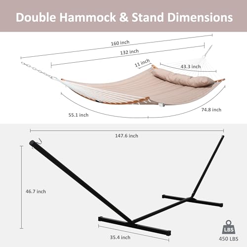 SUNCREAT 55 Inch Large Double Hammock with Stand, 450lbs Capacity, Outdoor Portable Hammock with Curved Spreader Bar, Extra Large Pillow, Tan - color: Tan