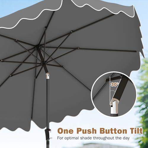 Tangkula 9 FT Patio Umbrella with Base Included, 2-Tiers Outdoor Scalloped Table Umbrella with 2 Sandbags, Tilt Adjustment, Crank, 8 Ribs for Market Backyard Pool Deck Beach Lawn - color: Gray, size: 9 FT