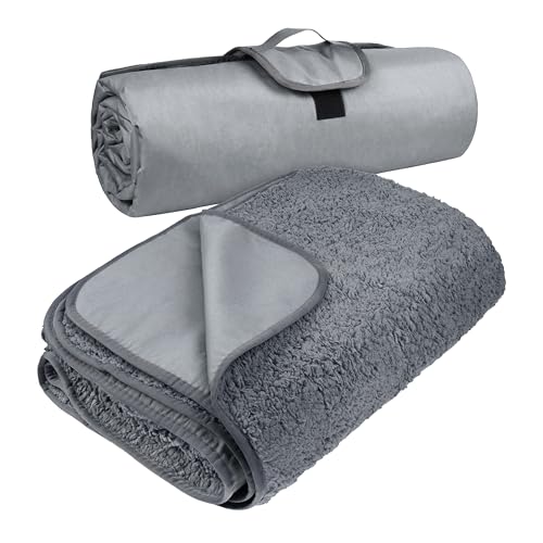 Tirrinia Large Waterproof Outdoor Blanket, Soft Warm Windproof Stadium Blanket with Sherpa Fleece and Foldable for Outdoor Sport, Baseball, Football, Beach, Concerts, Car - color: Light Grey, size: 66" x 90"