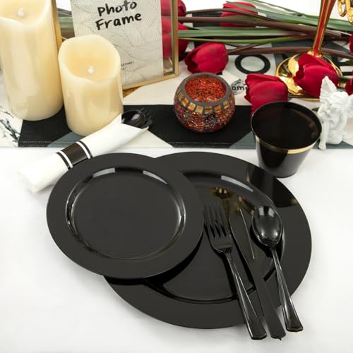 EI 350pcs Black Plastic Plates Disposable Heavy Duty Plastic Dinnerware Set Pre Silverware and Napkins Set Black and Gold Cups for Party Suit for Party,Wedding,Afternoon Tea,Spring,Valentine's Day - color: Black Plastic Plates Dinnerware