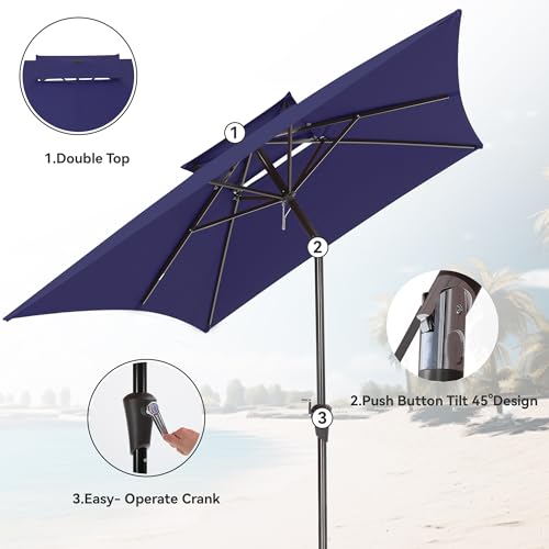 6.6 x 10 ft Rectangular Patio Umbrella, Outdoor Market Table Umbrella with Push Button Tilt and Crank, Double-Tier Vent, 6 Ribs, Rectangle Patio Umbrella for Backyard, Deck, Pool, Fits 4–6 Chairs and Tables (Navy) - color: Navy