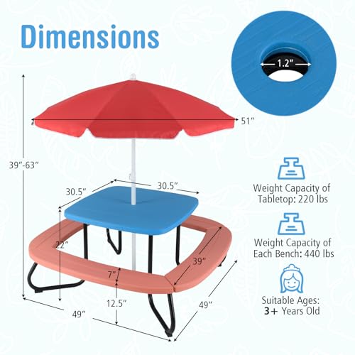 HONEY JOY Kids Picnic Table, 8 Person Toddler Outdoor Table and Chair Set, 4 Built-in Benches, Removable Umbrella, Metal Frame & HDPE Top, Children Outdoor Furniture for Backyard Patio Garden (Red) - color: Red