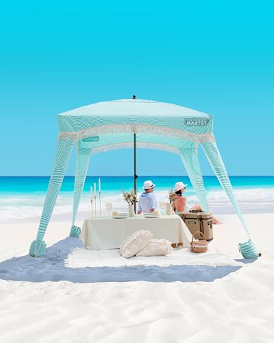 OutdoorMaster Beach Cabana with Fringes, Portable 6' x 6' Beach Canopy for Sand, Easy Set Up Beach Shelter, Included Side Wall, UPF 50+ UV Protection Sun Umbrella - for Family & Friends - color: Stripes