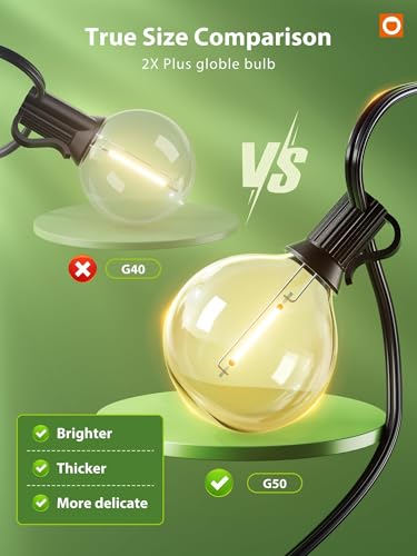 addlon 50FT Solar String Lights for Outside G50 Waterproof with USB Port Solar Patio Lights Outdoor Solar Powered LED Bulbs 3 Light Modes for Backyard Porch Garden Market Bistro Camping - size: 50ft