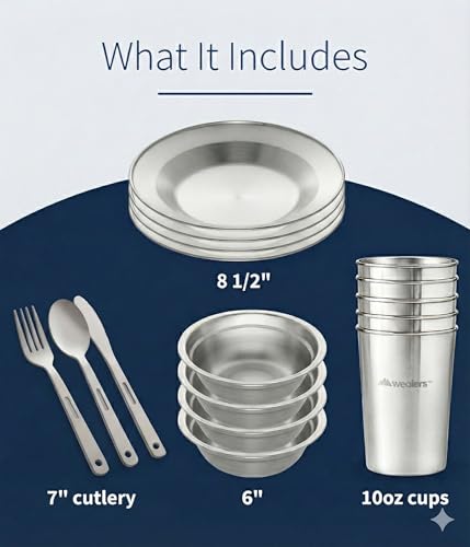 Wealers Unique Complete Messware Kit Polished Stainless Steel Dishes Set| Tableware| Dinnerware| Camping| Buffet| Includes - Cups | Plates| Bowls| Cutlery| Comes in Mesh Bags (4 Person Set) - color: Black