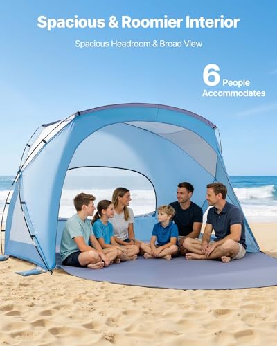 VEVOR Beach Tent Sun Shelter for 6 Person, UPF 50+, Portable Sun Shade Beach with Carrying Bag & Sand Pockets, Lightweight and Easy Setup Beach Umbrella for Family Camping Outdoor Picnic - size: 6 Person